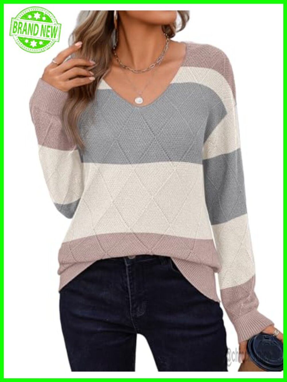 Womens V Neck Long Sleeve Knit Pullover Sweater Lightweight Crochet Top